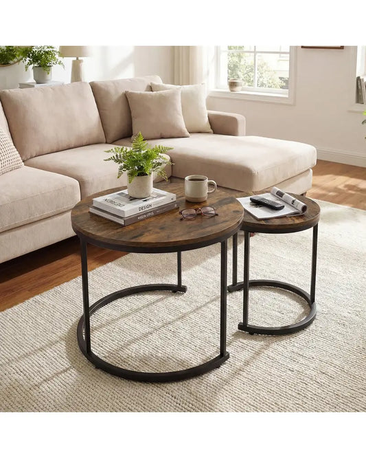 Set of 2 Modern Round Stacking Nesting Coffee Tables for Living Room-Rustic Brown - Rustic Brown - Coffee Tables