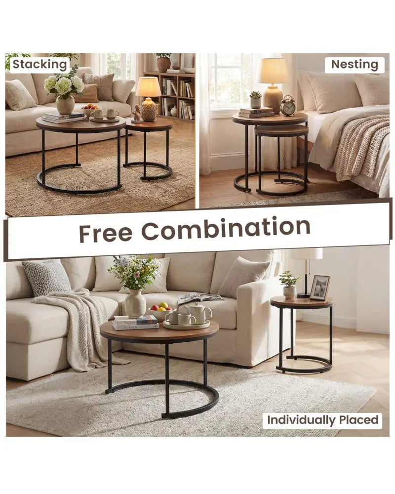 Set of 2 Modern Round Stacking Nesting Coffee Tables for Living Room-Light Brown - Light Brown - Coffee Tables