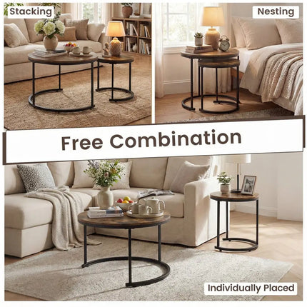 Set of 2 Modern Round Stacking Nesting Coffee Tables for Living Room-Rustic Brown - Rustic Brown - Coffee Tables