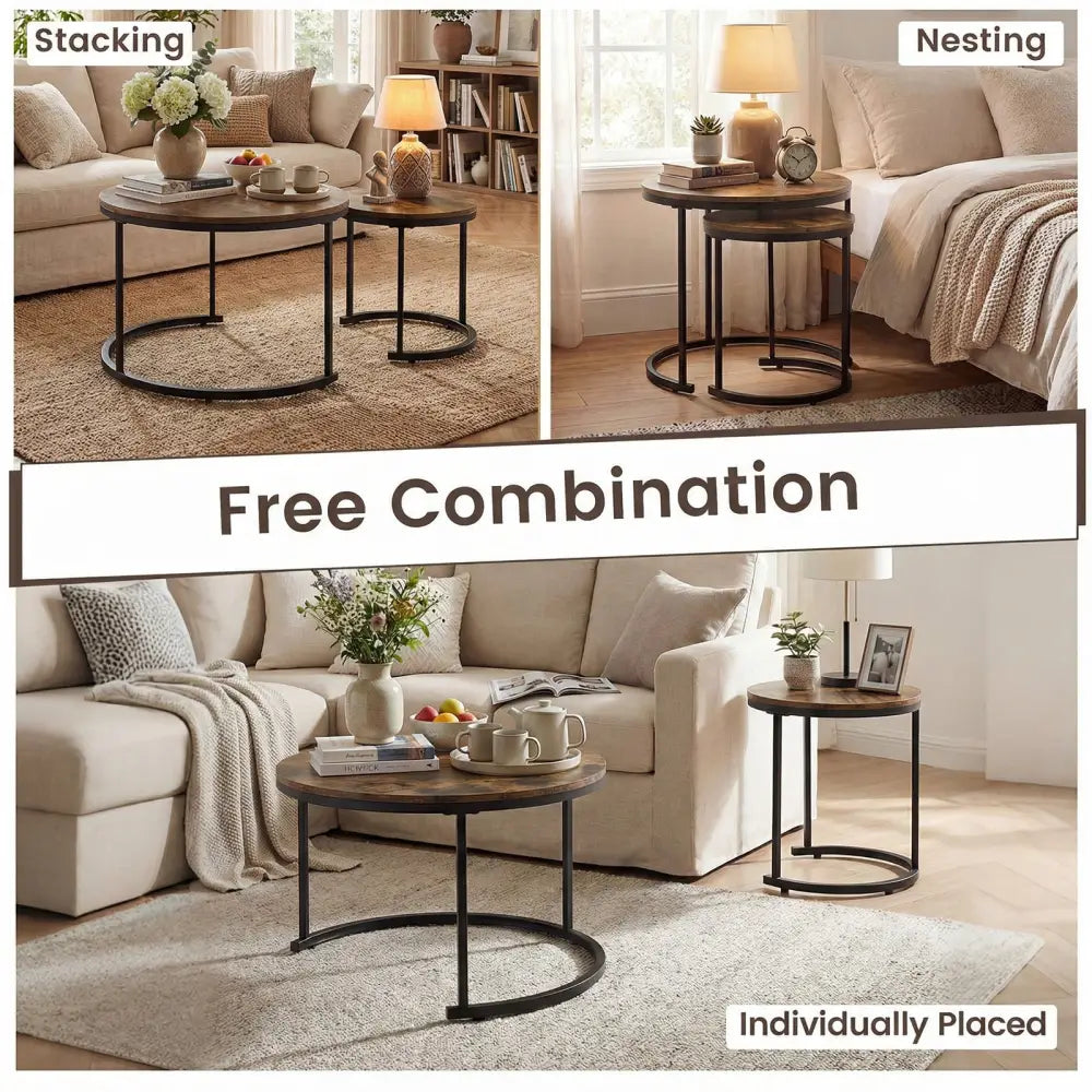 Set of 2 Modern Round Stacking Nesting Coffee Tables for Living Room-Rustic Brown - Rustic Brown - Coffee Tables
