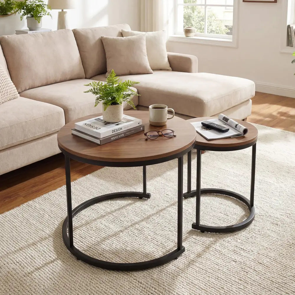 Set of 2 Modern Round Stacking Nesting Coffee Tables for Living Room-Light Brown - Light Brown - Coffee Tables
