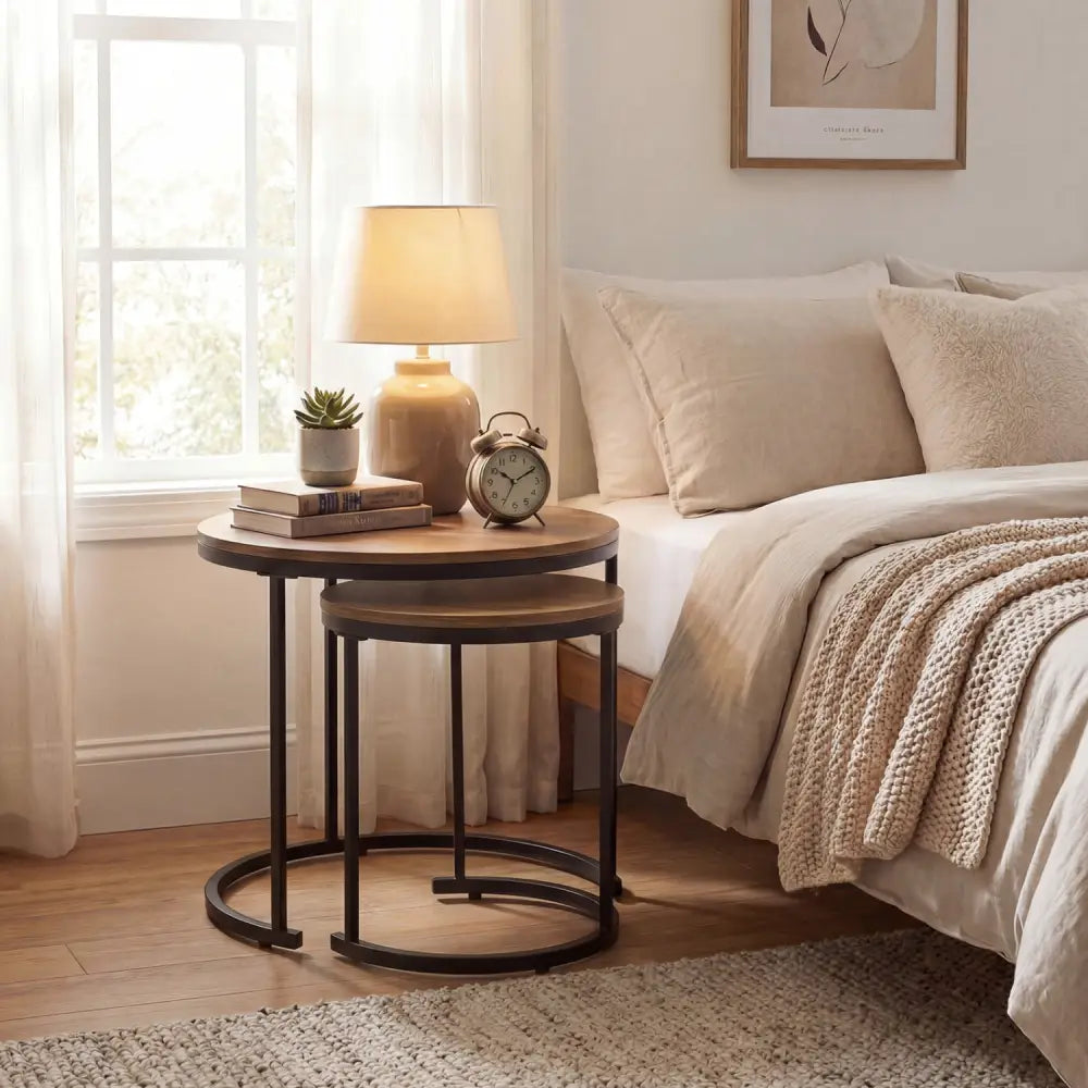 Set of 2 Modern Round Stacking Nesting Coffee Tables for Living Room-Light Brown - Light Brown - Coffee Tables