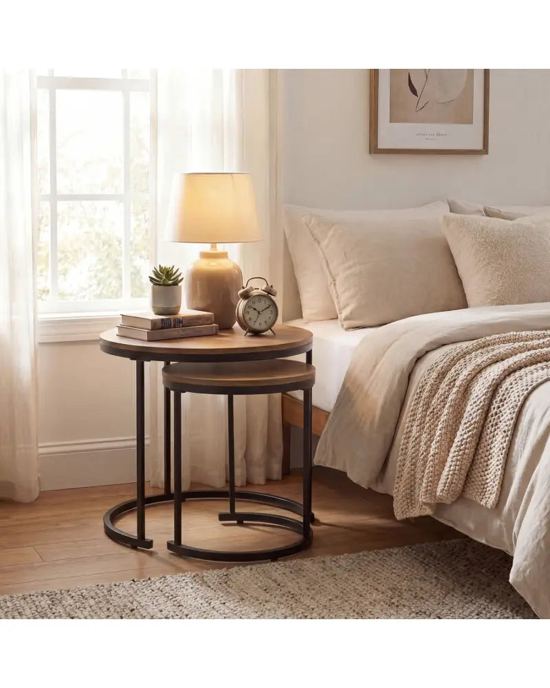 Set of 2 Modern Round Stacking Nesting Coffee Tables for Living Room-Light Brown - Light Brown - Coffee Tables