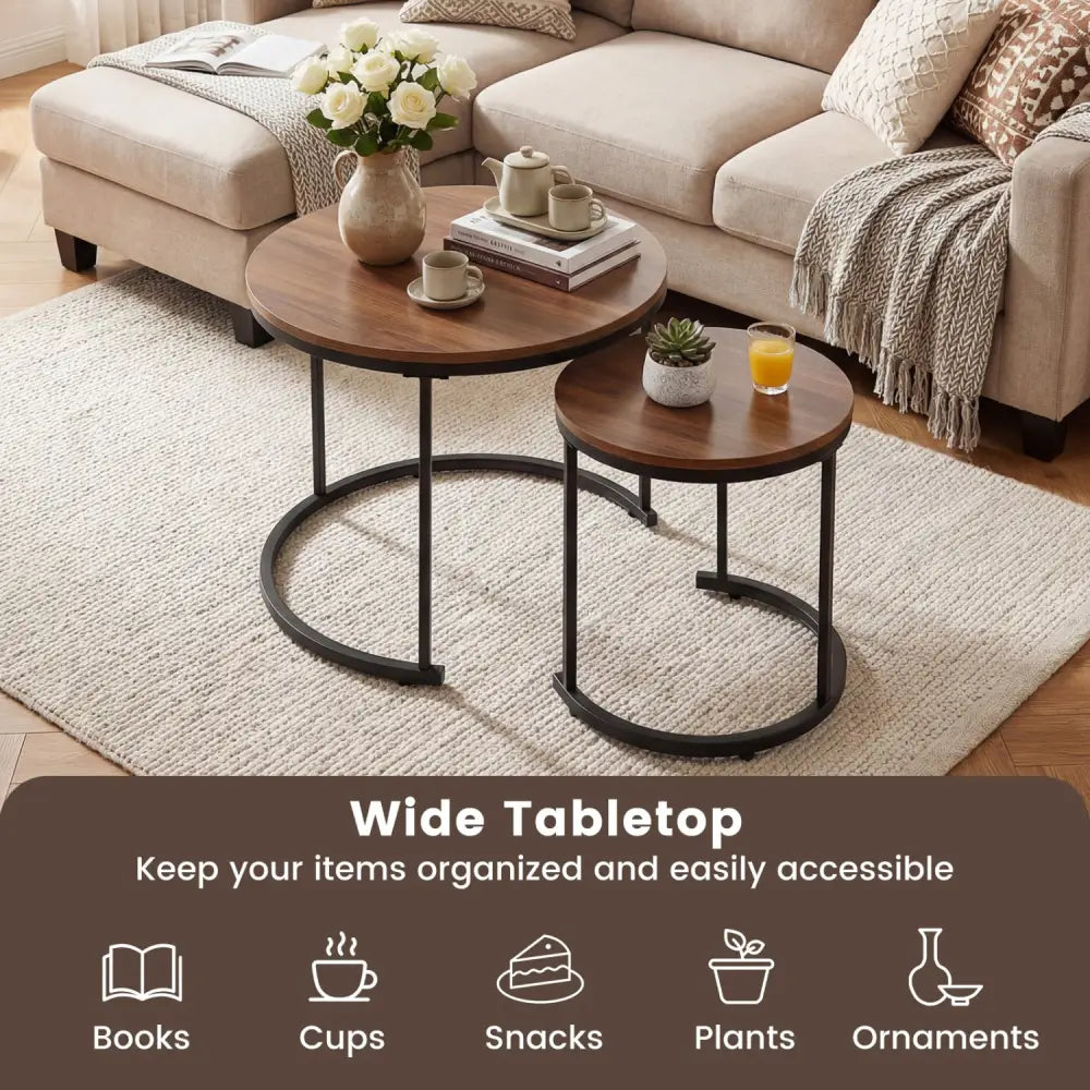 Set of 2 Modern Round Stacking Nesting Coffee Tables for Living Room-Light Brown - Light Brown - Coffee Tables