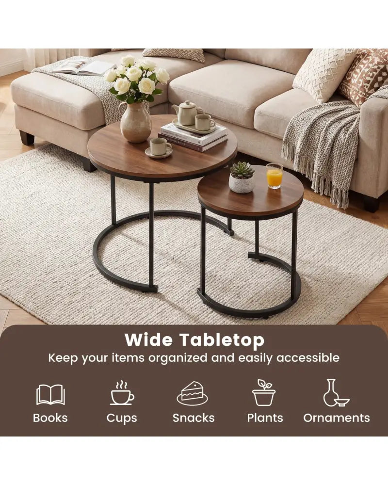 Set of 2 Modern Round Stacking Nesting Coffee Tables for Living Room-Light Brown - Light Brown - Coffee Tables