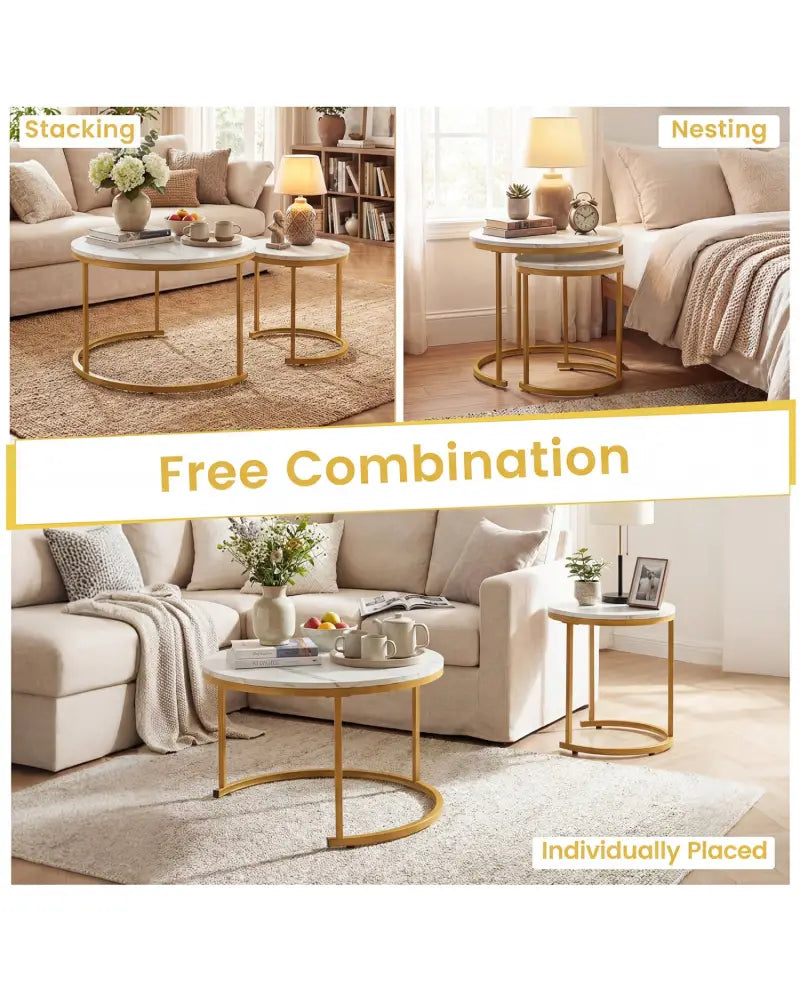 Set of 2 Modern Round Stacking Nesting Coffee Tables-Golden - Golden - Coffee Tables