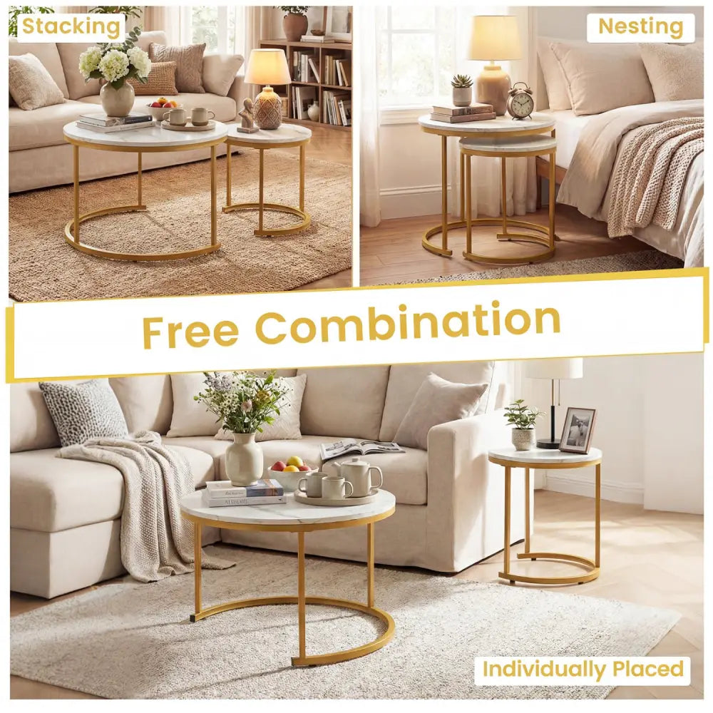 Set of 2 Modern Round Stacking Nesting Coffee Tables-Golden - Golden - Coffee Tables