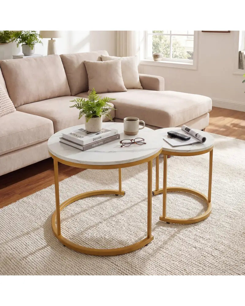 Set of 2 Modern Round Stacking Nesting Coffee Tables-Golden - Golden - Coffee Tables
