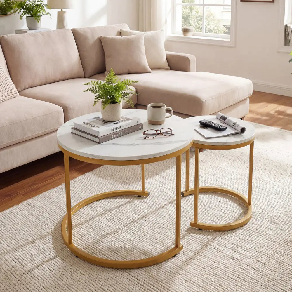 Set of 2 Modern Round Stacking Nesting Coffee Tables-Golden - Golden - Coffee Tables