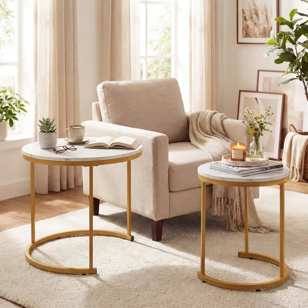 Set of 2 Modern Round Stacking Nesting Coffee Tables-Golden - Golden - Coffee Tables