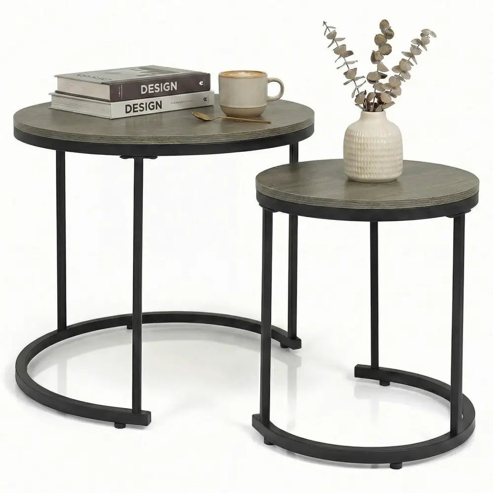 Set of 2 Modern Round Stacking Nesting Coffee Tables-Oak - Oak - Coffee Tables