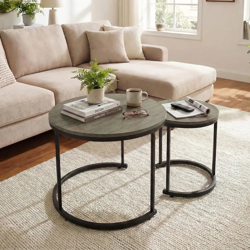 Set of 2 Modern Round Stacking Nesting Coffee Tables-Oak - Oak - Coffee Tables