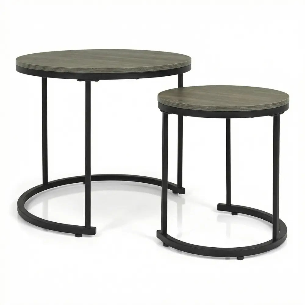 Set of 2 Modern Round Stacking Nesting Coffee Tables-Oak - Oak - Coffee Tables