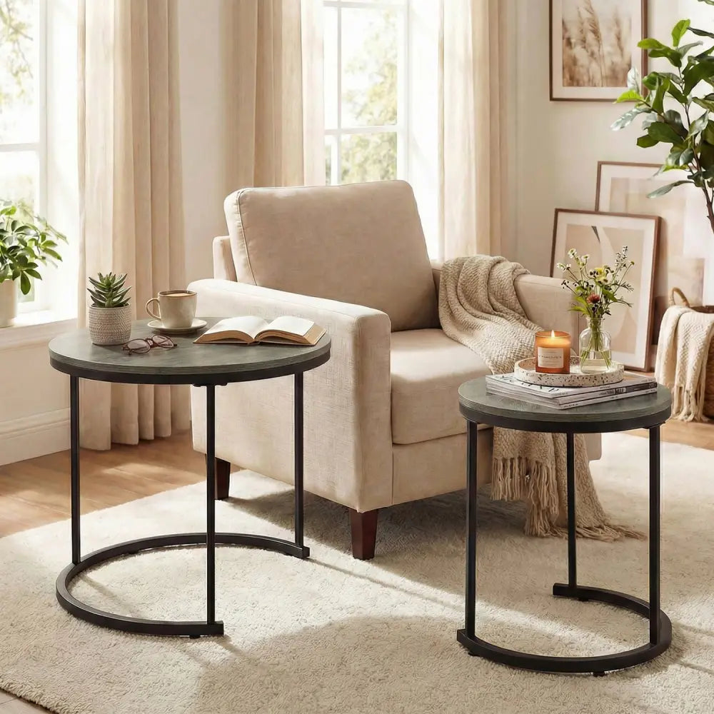 Set of 2 Modern Round Stacking Nesting Coffee Tables-Oak - Oak - Coffee Tables