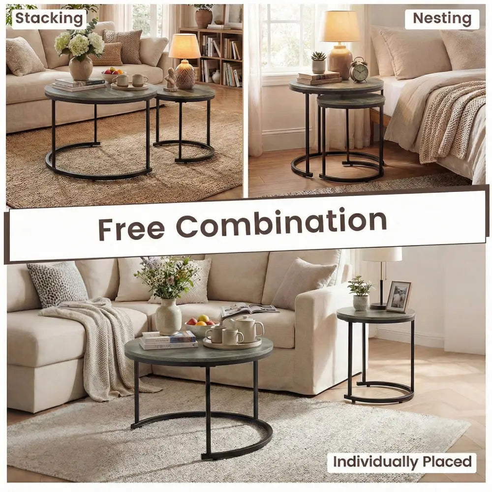 Set of 2 Modern Round Stacking Nesting Coffee Tables-Oak - Oak - Coffee Tables