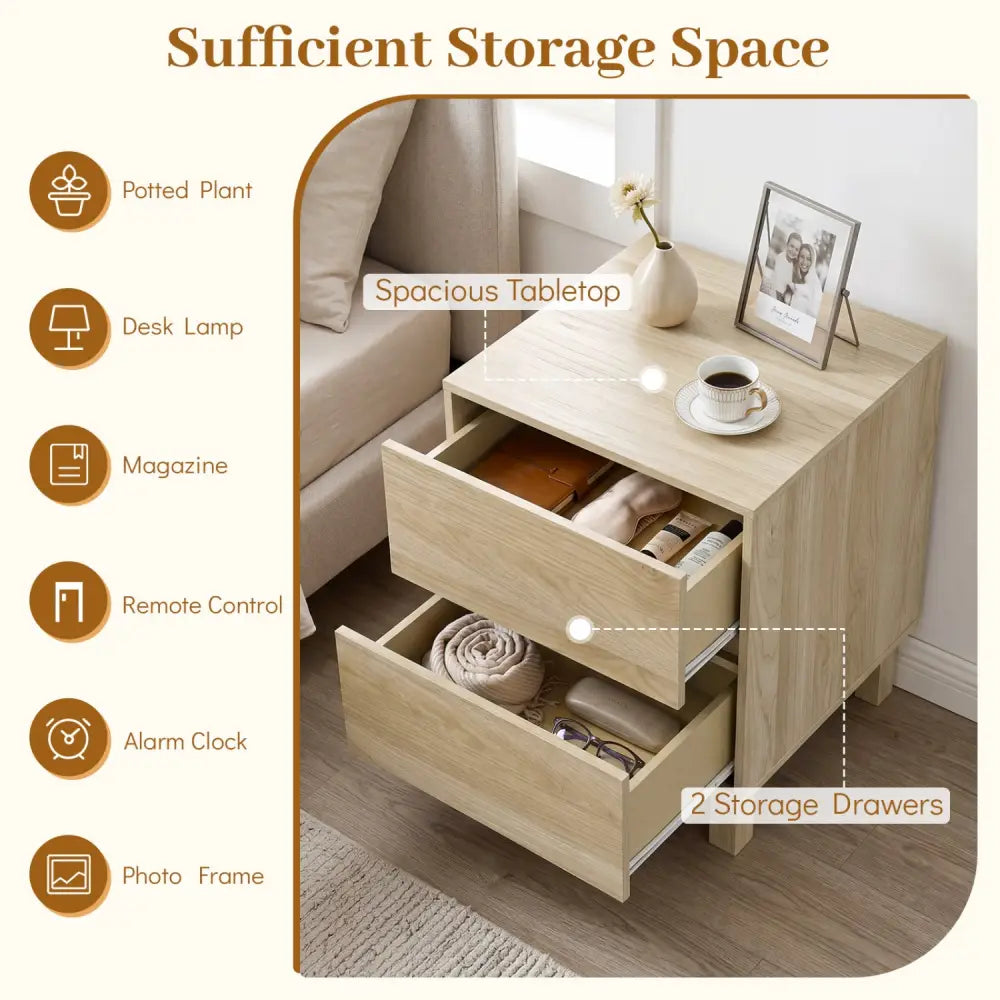 Set of 2 Modern Wooden End Table with 2 Storage Drawers-Natural - Natural - End & Side Tables