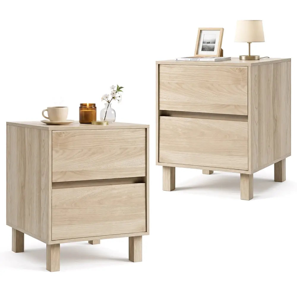 Set of 2 Modern Wooden End Table with 2 Storage Drawers-Natural - Natural - End & Side Tables