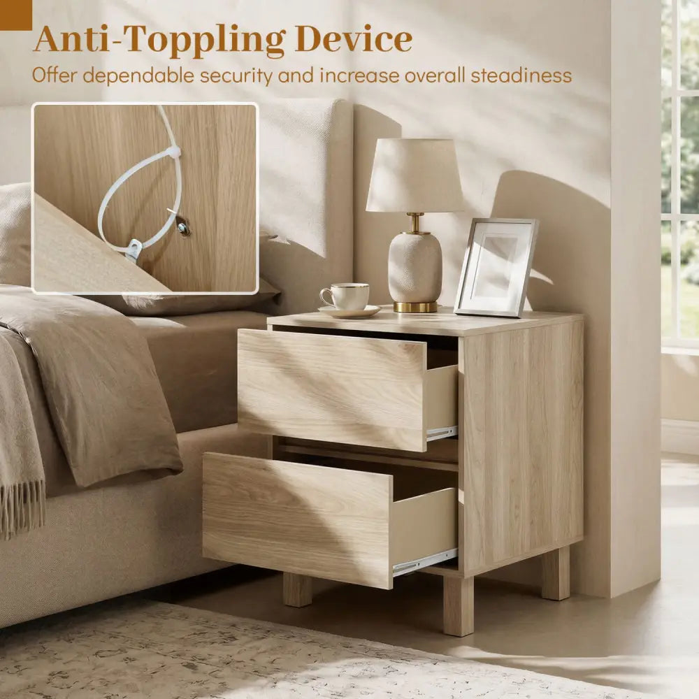Set of 2 Modern Wooden End Table with 2 Storage Drawers-Natural - Natural - End & Side Tables