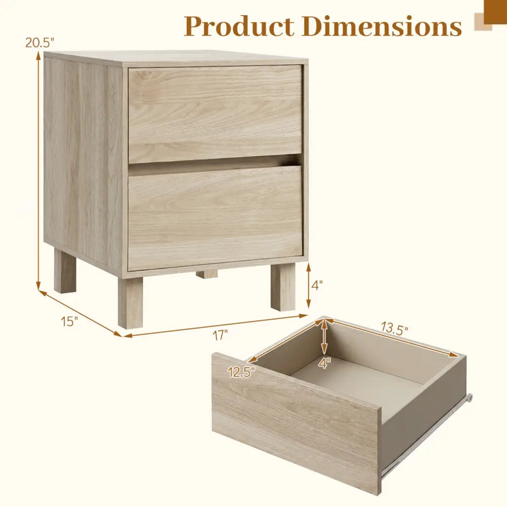 Set of 2 Modern Wooden End Table with 2 Storage Drawers-Natural - Natural - End & Side Tables