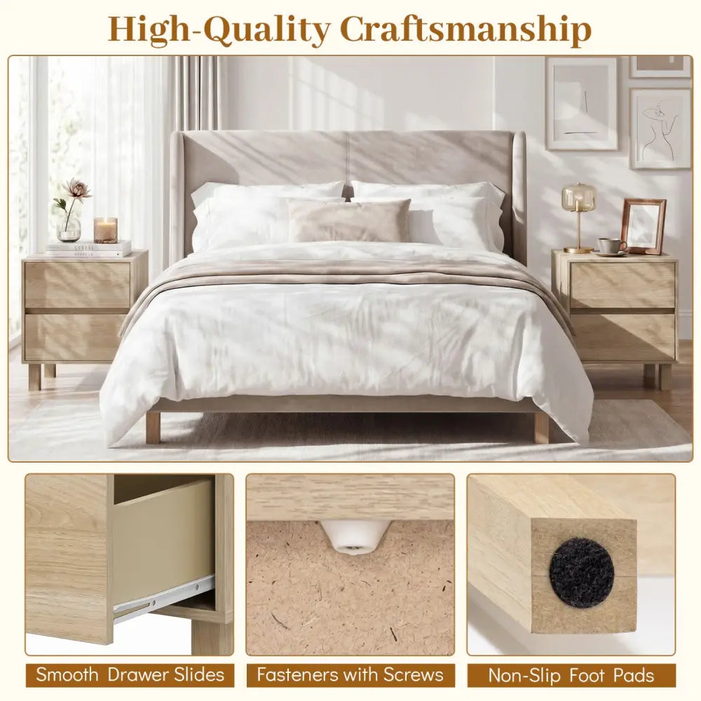 Set of 2 Modern Wooden End Table with 2 Storage Drawers-Natural - Natural - End & Side Tables