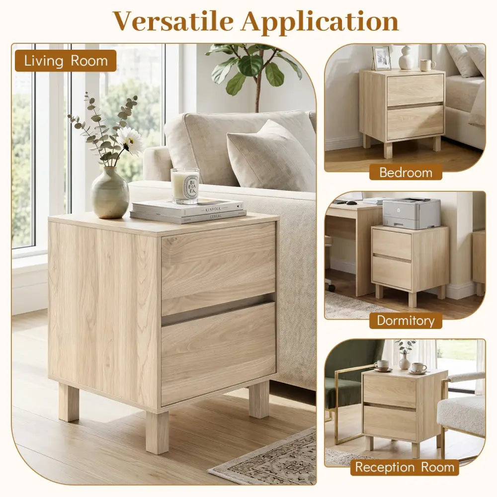 Set of 2 Modern Wooden End Table with 2 Storage Drawers-Natural - Natural - End & Side Tables