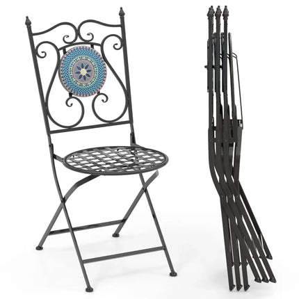 Set of 2 Mosaic Chairs for Patio Metal Folding Chairs-A - Black - Patio Dining Chairs