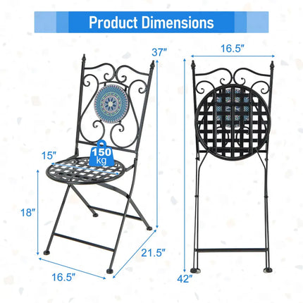 Set of 2 Mosaic Chairs for Patio Metal Folding Chairs-A - Black - Patio Dining Chairs