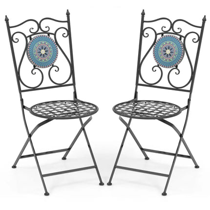 Set of 2 Mosaic Chairs for Patio Metal Folding Chairs-A - Black - Patio Dining Chairs