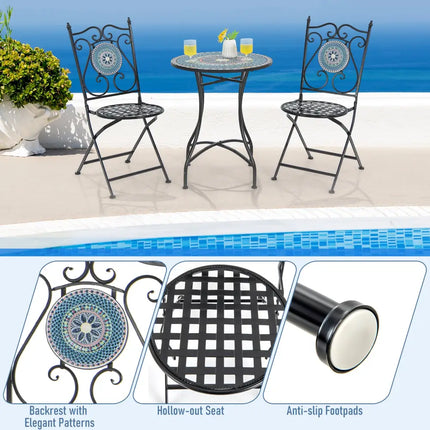 Set of 2 Mosaic Chairs for Patio Metal Folding Chairs-A - Black - Patio Dining Chairs