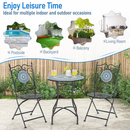 Set of 2 Mosaic Chairs for Patio Metal Folding Chairs-A - Black - Patio Dining Chairs