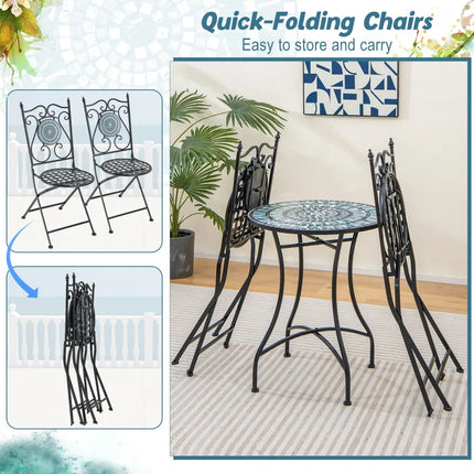 Set of 2 Mosaic Chairs for Patio Metal Folding Chairs-B - Black - Patio Dining Chairs