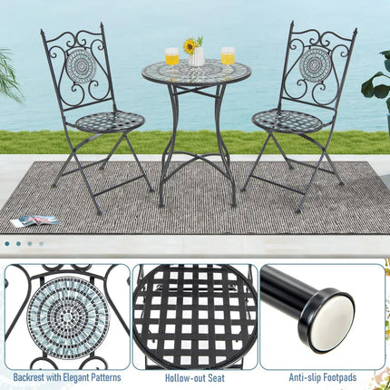 Set of 2 Mosaic Chairs for Patio Metal Folding Chairs-B - Black - Patio Dining Chairs
