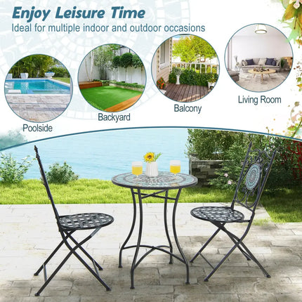 Set of 2 Mosaic Chairs for Patio Metal Folding Chairs-B - Black - Patio Dining Chairs