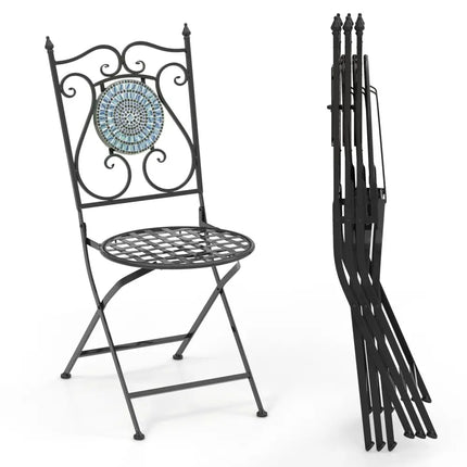 Set of 2 Mosaic Chairs for Patio Metal Folding Chairs-B - Black - Patio Dining Chairs