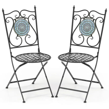 Set of 2 Mosaic Chairs for Patio Metal Folding Chairs-B - Black - Patio Dining Chairs