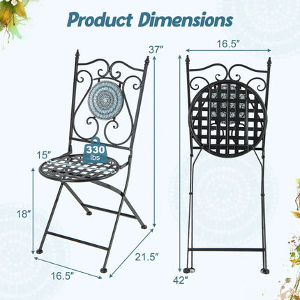 Set of 2 Mosaic Chairs for Patio Metal Folding Chairs-B - Black - Patio Dining Chairs