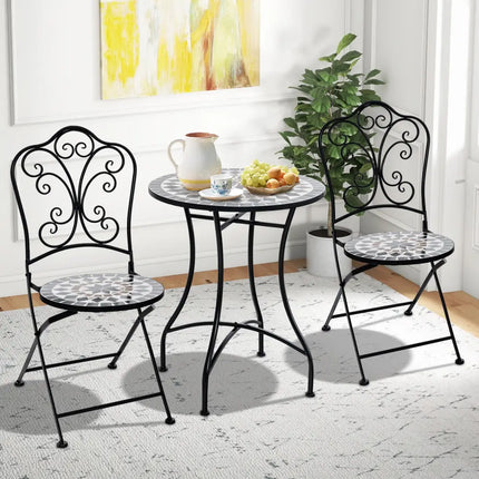 Set of 2 Mosaic Chairs for Patio Metal Folding Chairs-C - Black - Patio Dining Chairs