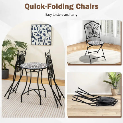 Set of 2 Mosaic Chairs for Patio Metal Folding Chairs-C - Black - Patio Dining Chairs