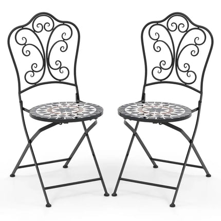 Set of 2 Mosaic Chairs for Patio Metal Folding Chairs-C - Black - Patio Dining Chairs