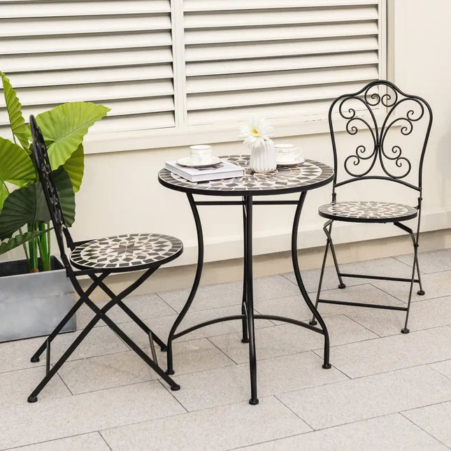 Set of 2 Mosaic Chairs for Patio Metal Folding Chairs-C - Black - Patio Dining Chairs