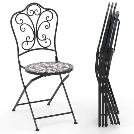 Set of 2 Mosaic Chairs for Patio Metal Folding Chairs-C - Black - Patio Dining Chairs
