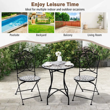 Set of 2 Mosaic Chairs for Patio Metal Folding Chairs-C - Black - Patio Dining Chairs