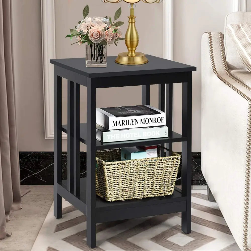 Set of 2 Multifunctional 3-Tier Nightstand Sofa Side Table with Reinforced Bars and Stable Structure-Black - Black