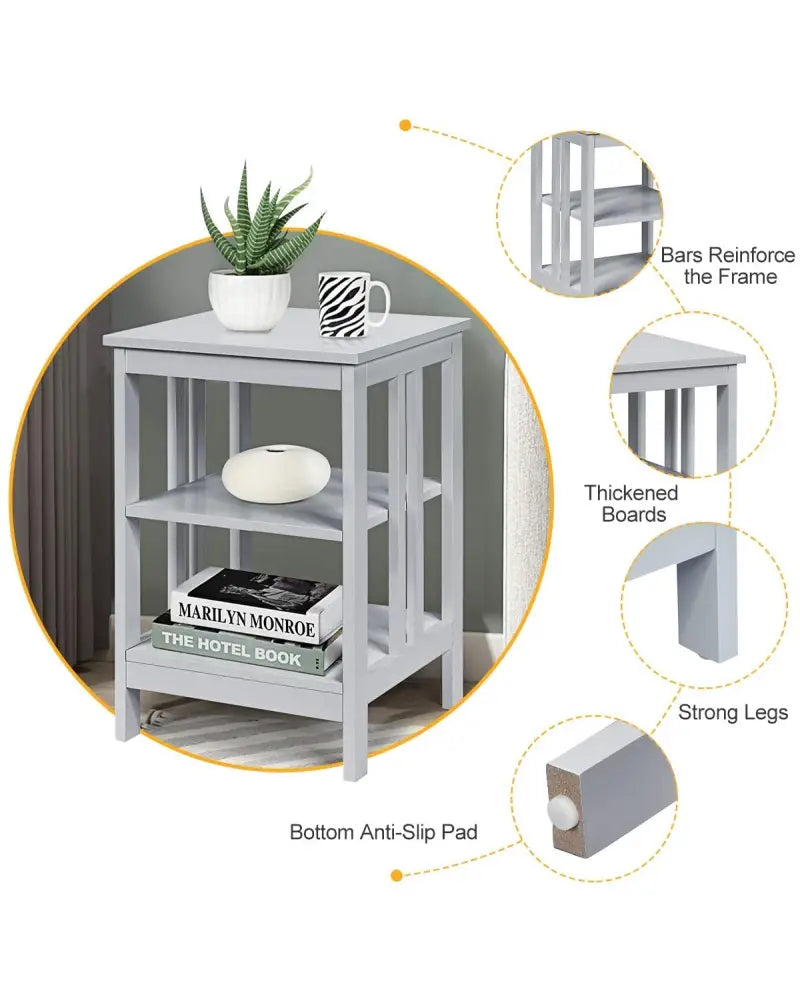 Set of 2 Multifunctional 3-Tier Nightstand Sofa Side Table with Reinforced Bars and Stable Structure-Gray - Gray - End