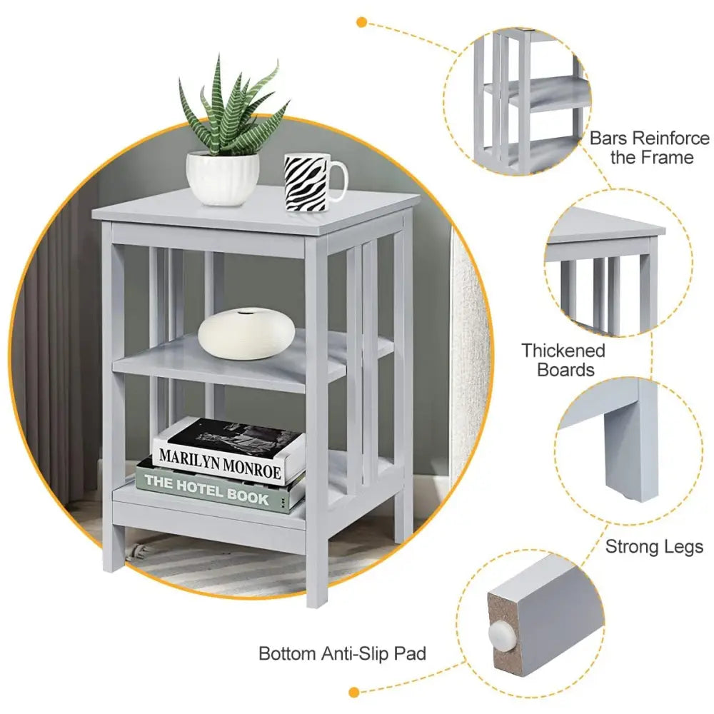 Set of 2 Multifunctional 3-Tier Nightstand Sofa Side Table with Reinforced Bars and Stable Structure-Gray - Gray - End
