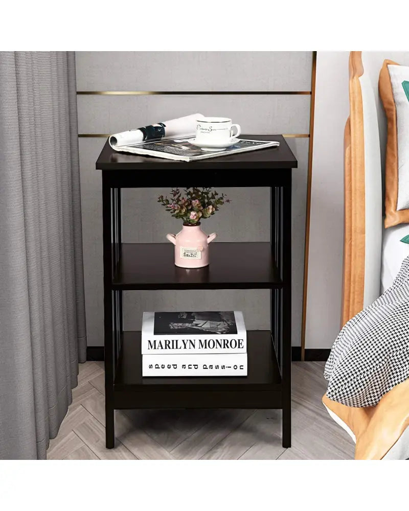 Set of 2 Multifunctional 3-Tier Nightstand Sofa Side Table with Reinforced Bars and Stable Structure-Dark Brown - Dark