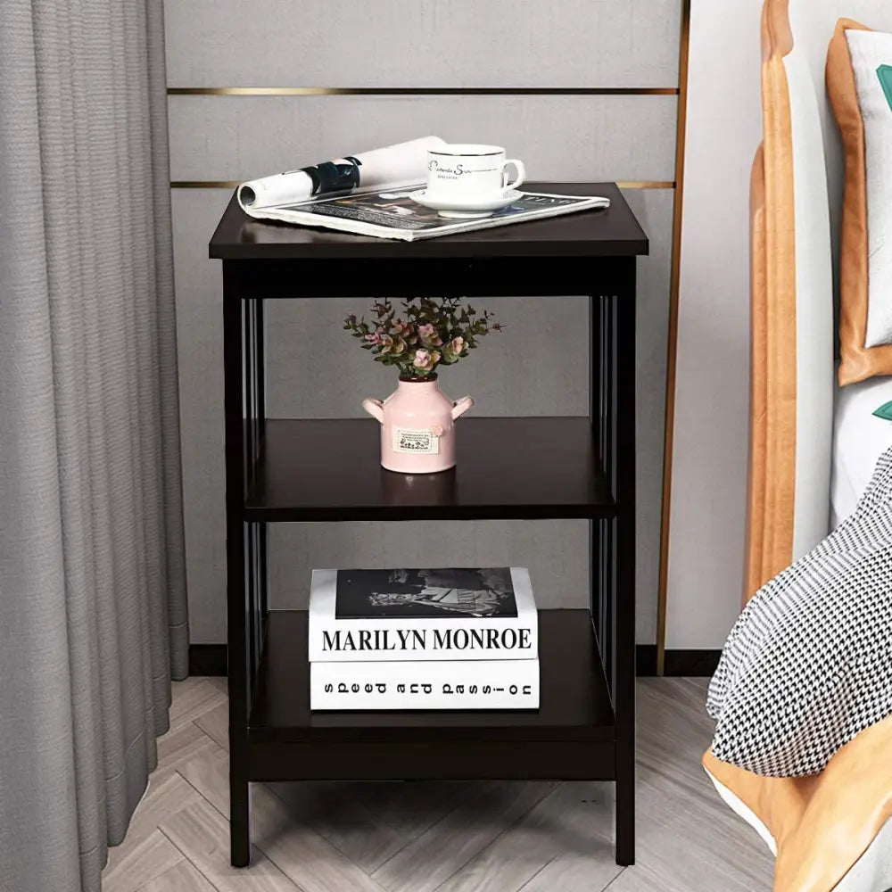 Set of 2 Multifunctional 3-Tier Nightstand Sofa Side Table with Reinforced Bars and Stable Structure-Dark Brown - Dark