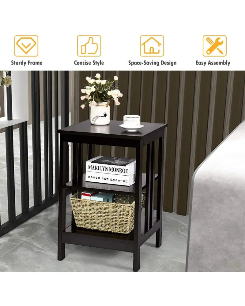 Set of 2 Multifunctional 3-Tier Nightstand Sofa Side Table with Reinforced Bars and Stable Structure-Dark Brown - Dark