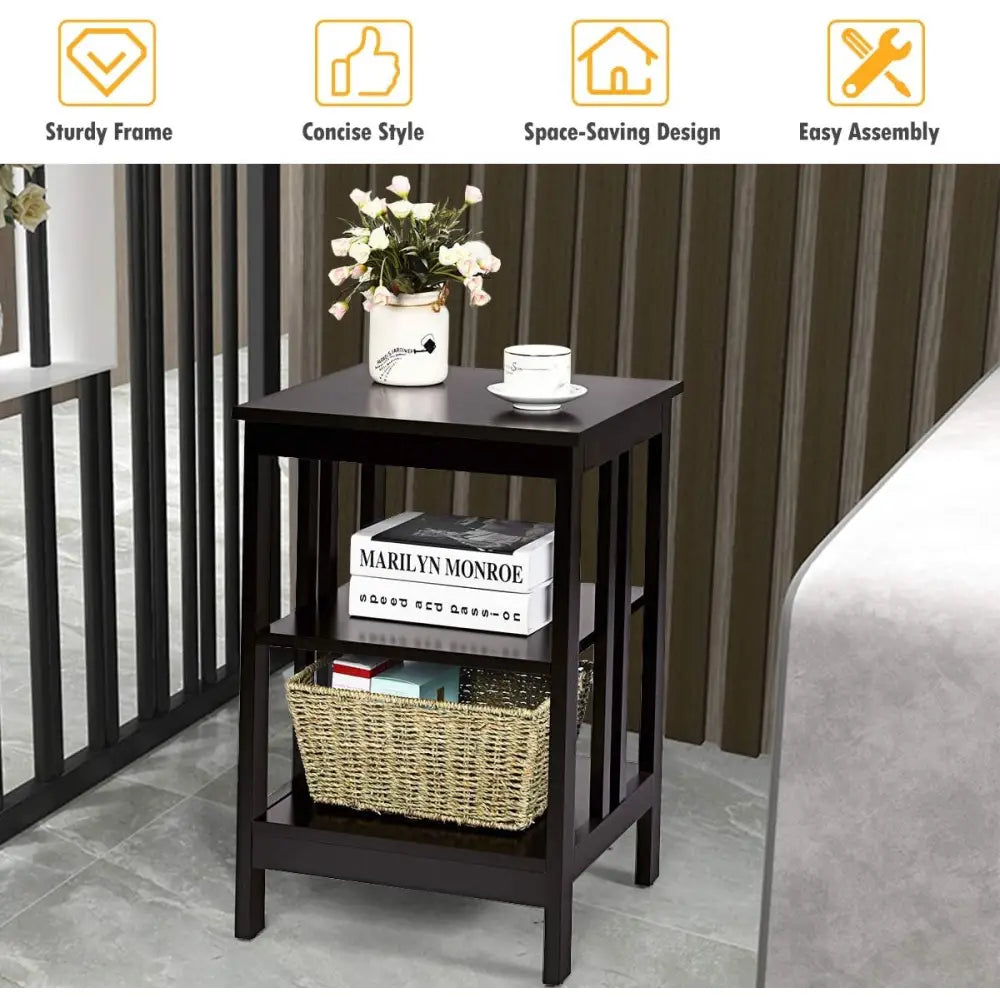 Set of 2 Multifunctional 3-Tier Nightstand Sofa Side Table with Reinforced Bars and Stable Structure-Dark Brown - Dark
