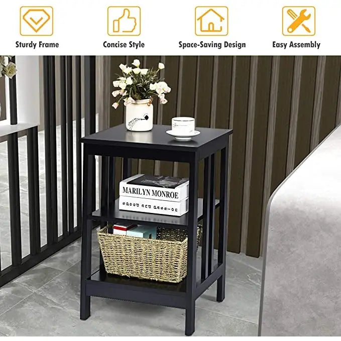 Set of 2 Multifunctional 3-Tier Nightstand Sofa Side Table with Reinforced Bars and Stable Structure-Black - Black
